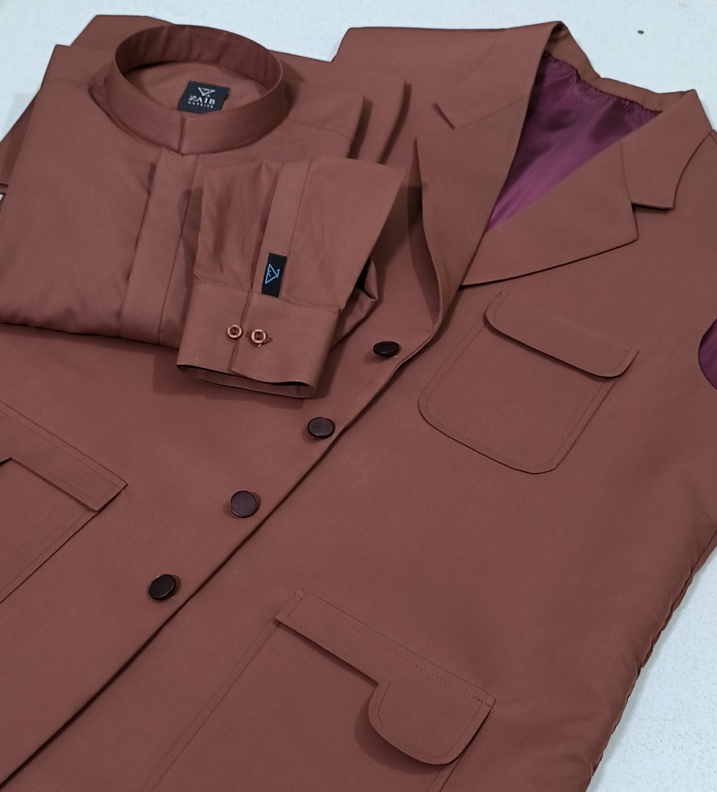 Latest Stitched Mustered Brown Suit & Waistcoat in Wash & Wear Stuff