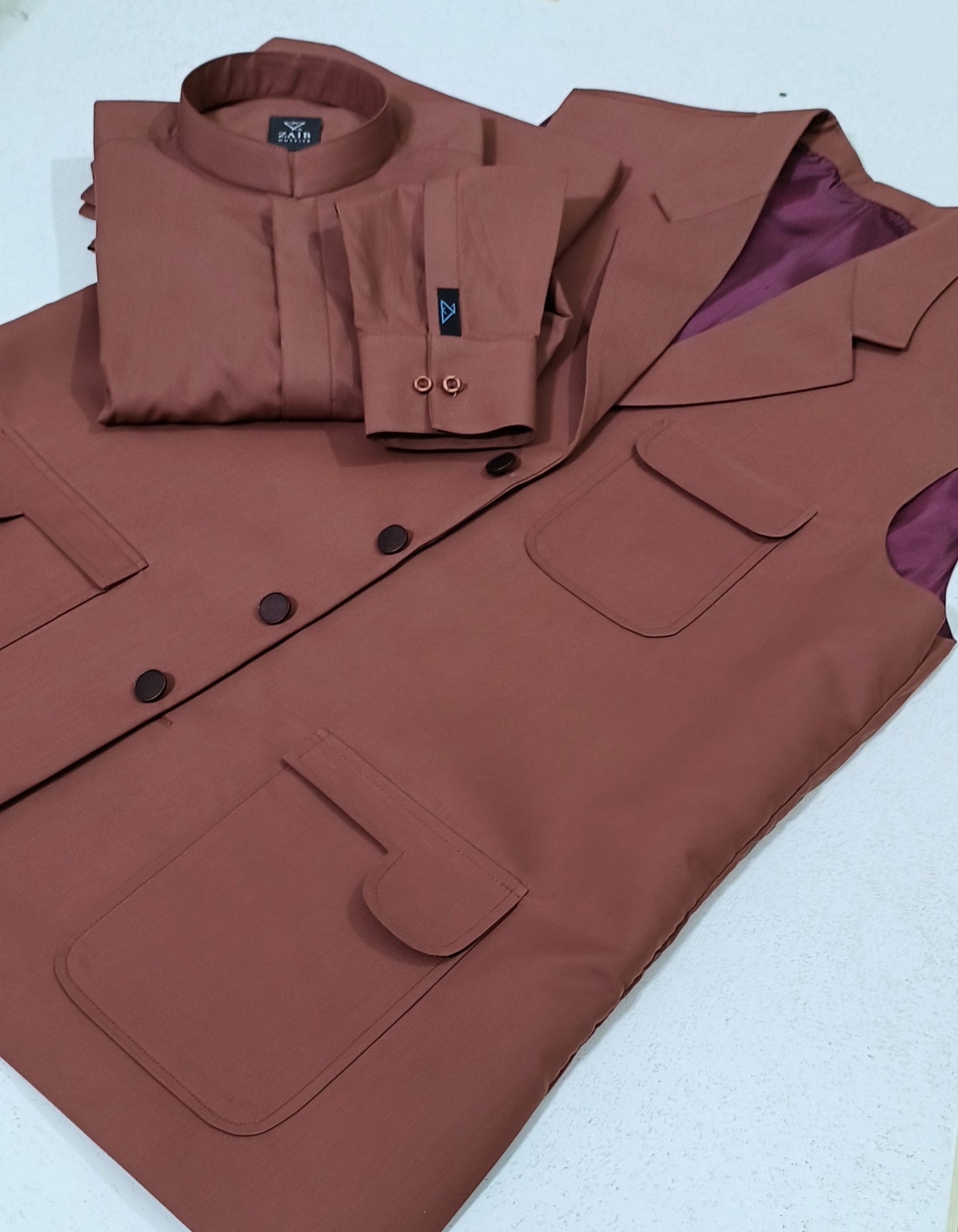 Latest Stitched Mustered Brown Suit & Waistcoat in Wash & Wear Stuff