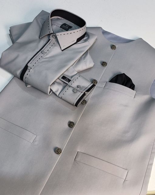 Latest Stitched Gray color Suit & Waistcoat in Wash & Wear Stuff
