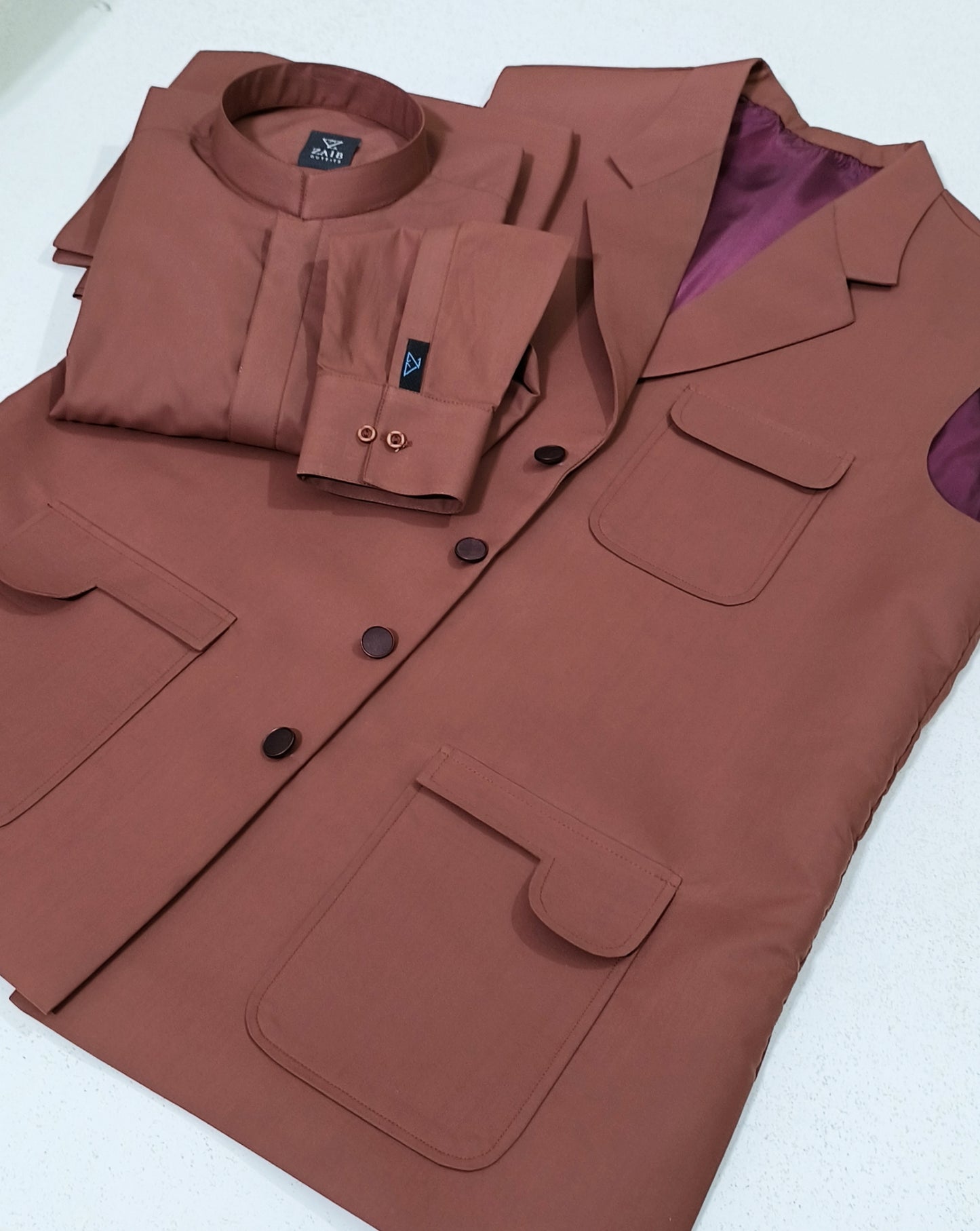 Latest Stitched Mustered Brown Suit & Waistcoat in Wash & Wear Stuff