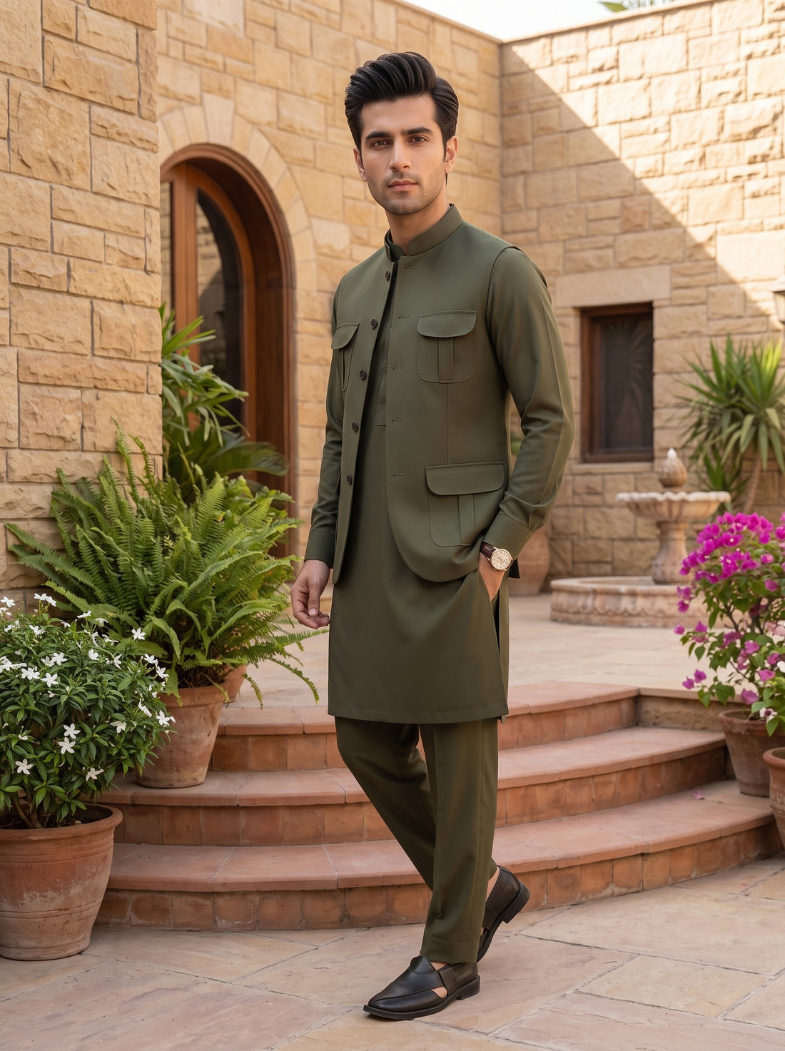 Executive Class 3PC Shalwar Kameez with Waistcoat Article in Dark Olive Color