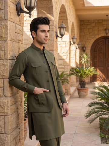 Executive Class 3PC Shalwar Kameez with Waistcoat Article in Dark Olive Color
