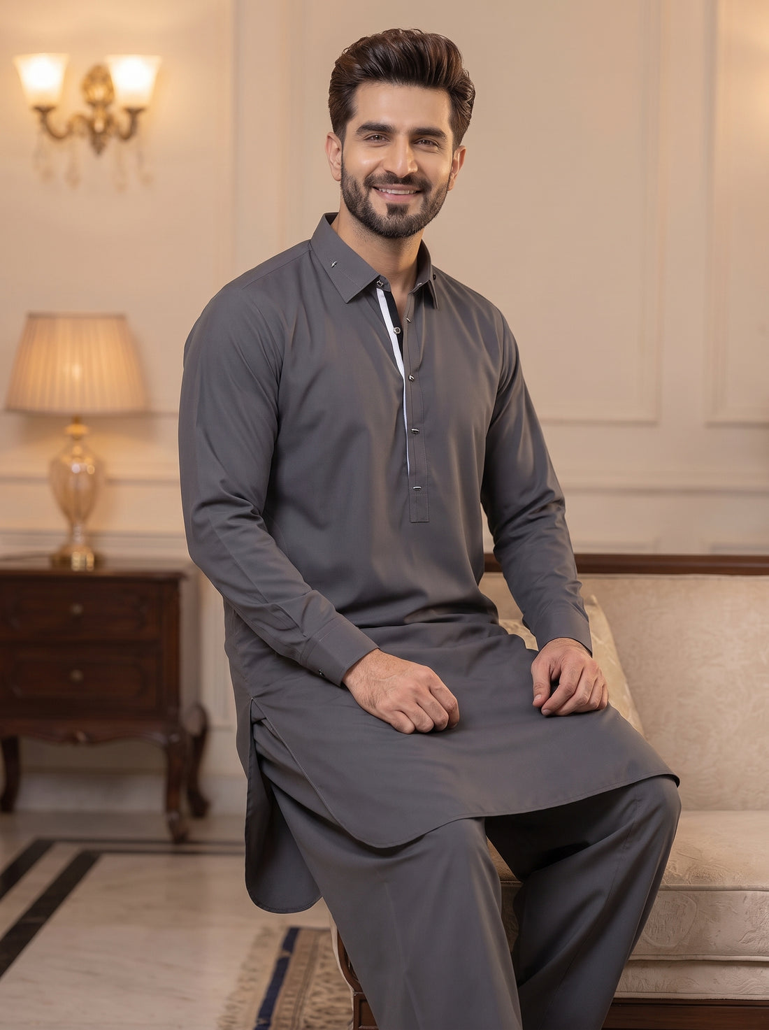 Premium Gray Color Stitched Suit in Wash & Wear Stuff