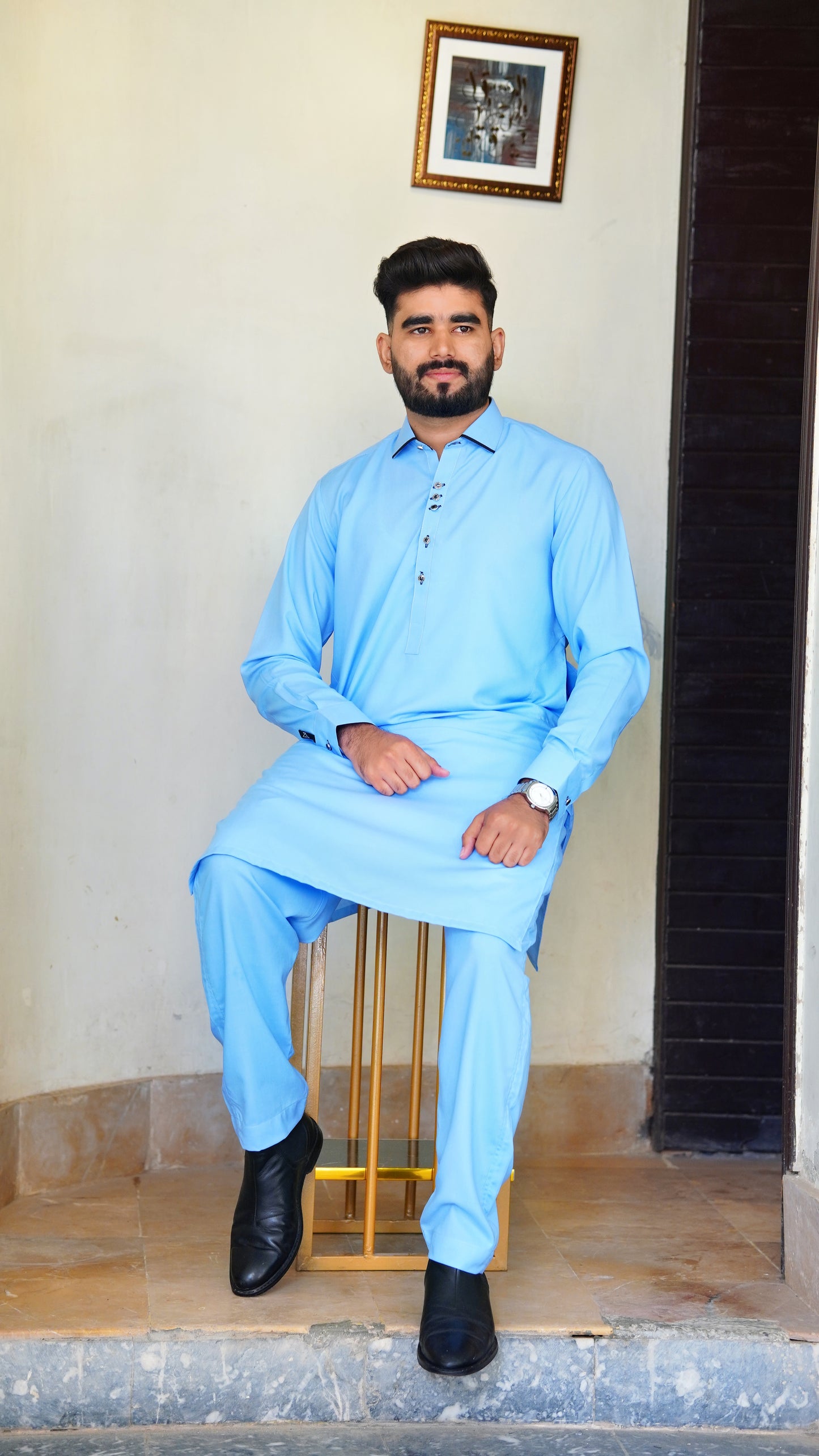 STITCHED PREMIUM 🔥 SKY BLUE SHALWAR KAMEEZ WITH COLAR WITH BLACK BUTTON