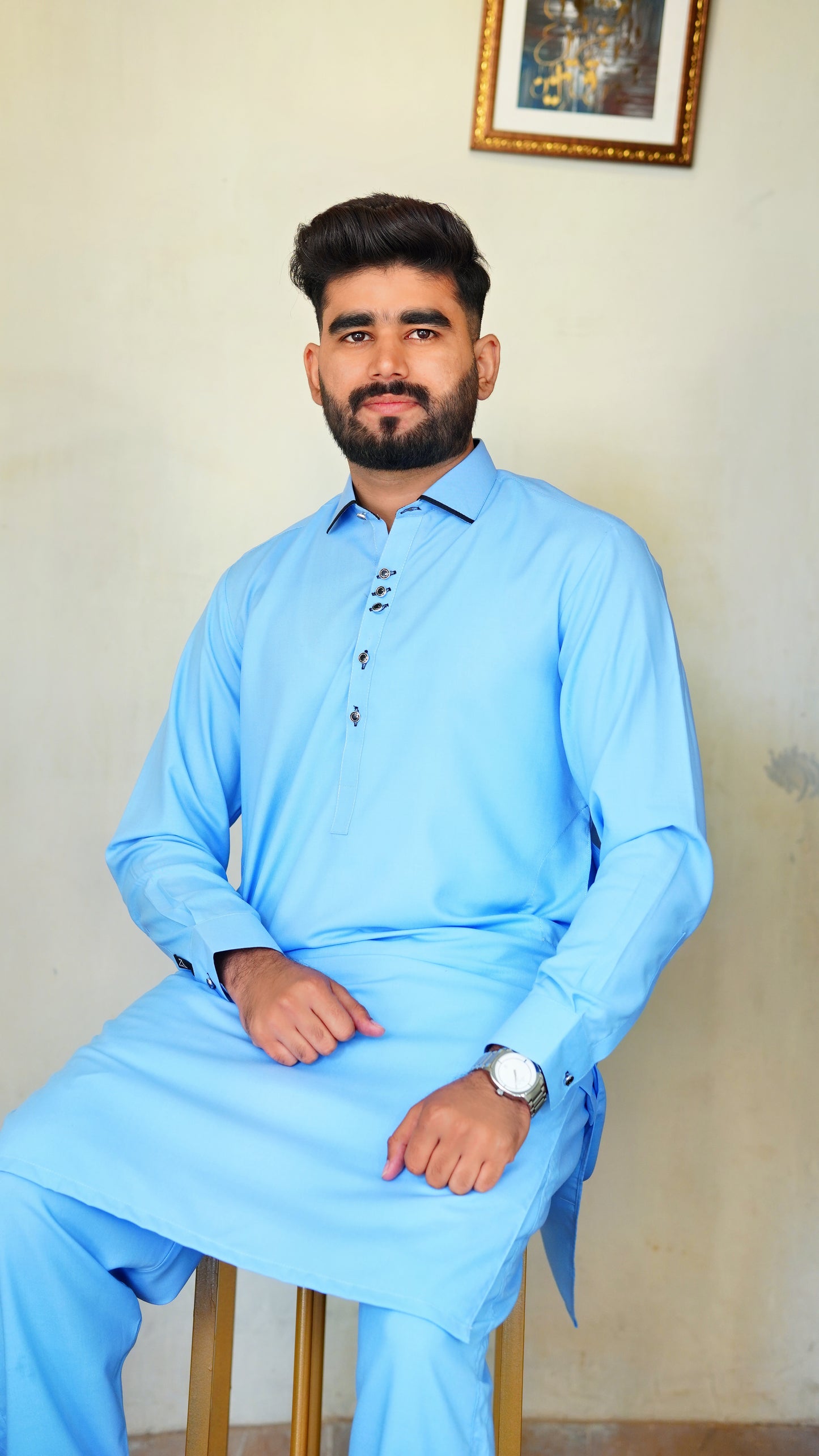 STITCHED PREMIUM 🔥 SKY BLUE SHALWAR KAMEEZ WITH COLAR WITH BLACK BUTTON