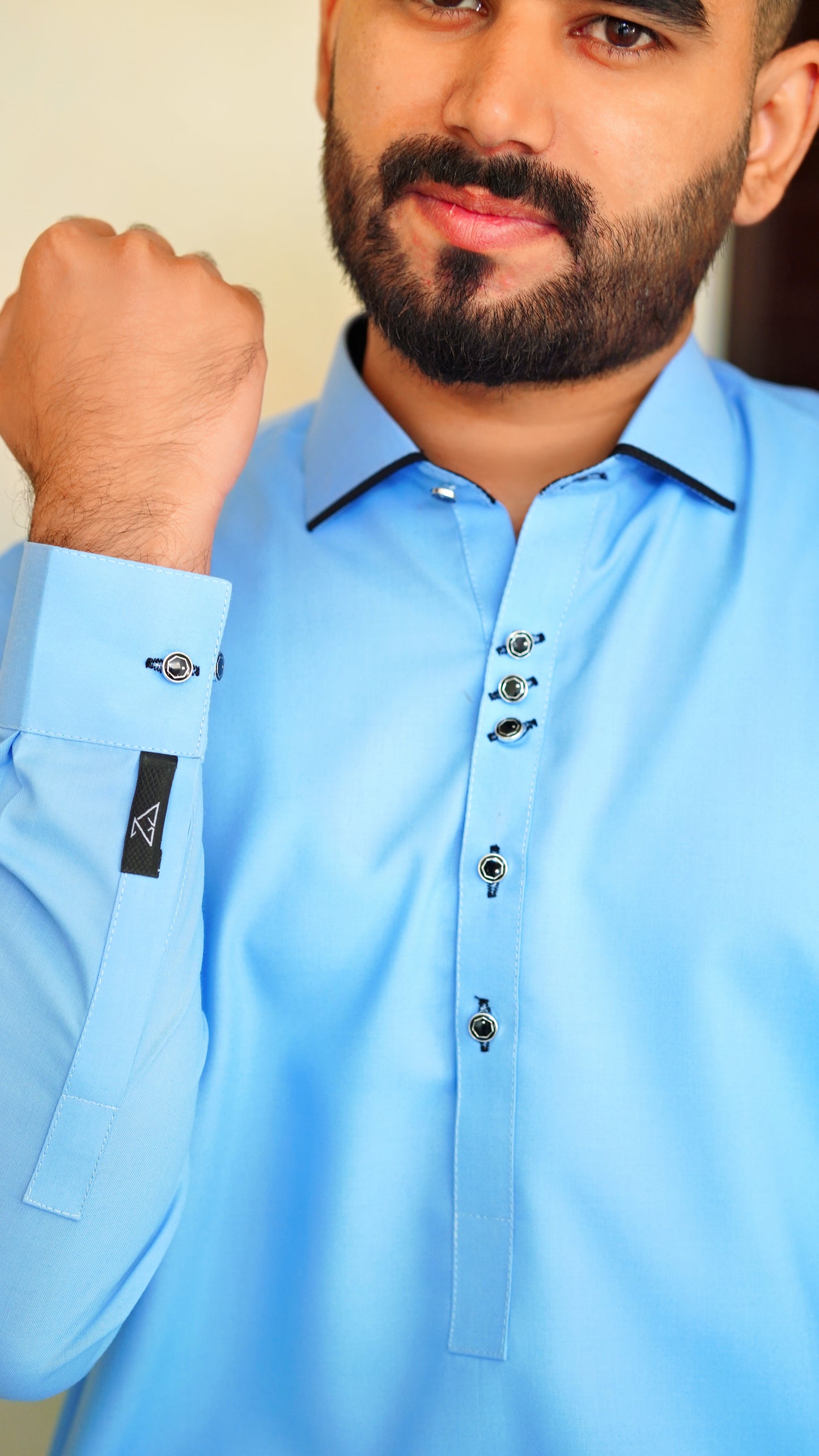 STITCHED PREMIUM 🔥 SKY BLUE SHALWAR KAMEEZ WITH COLAR WITH BLACK BUTTON