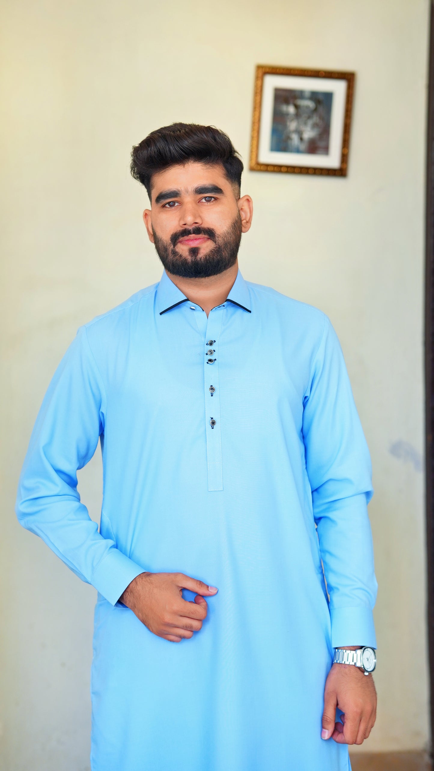 STITCHED PREMIUM 🔥 SKY BLUE SHALWAR KAMEEZ WITH COLAR WITH BLACK BUTTON