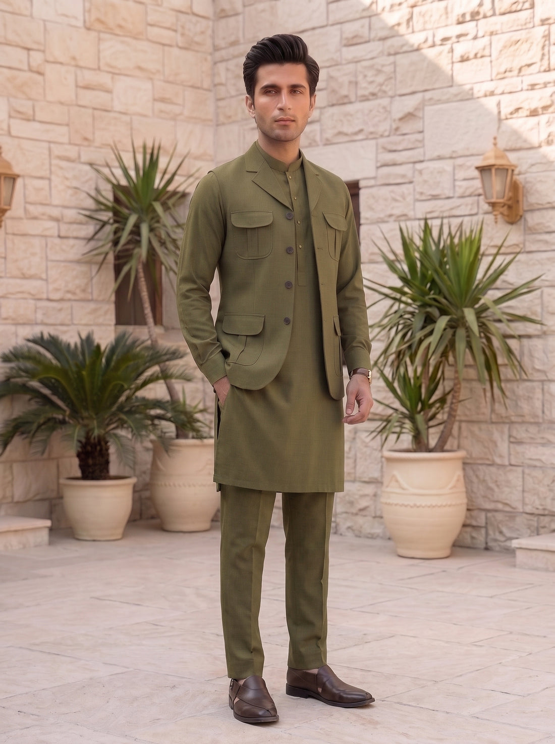 Olive Green Premium Quality Imported Stuff 3Pc Article