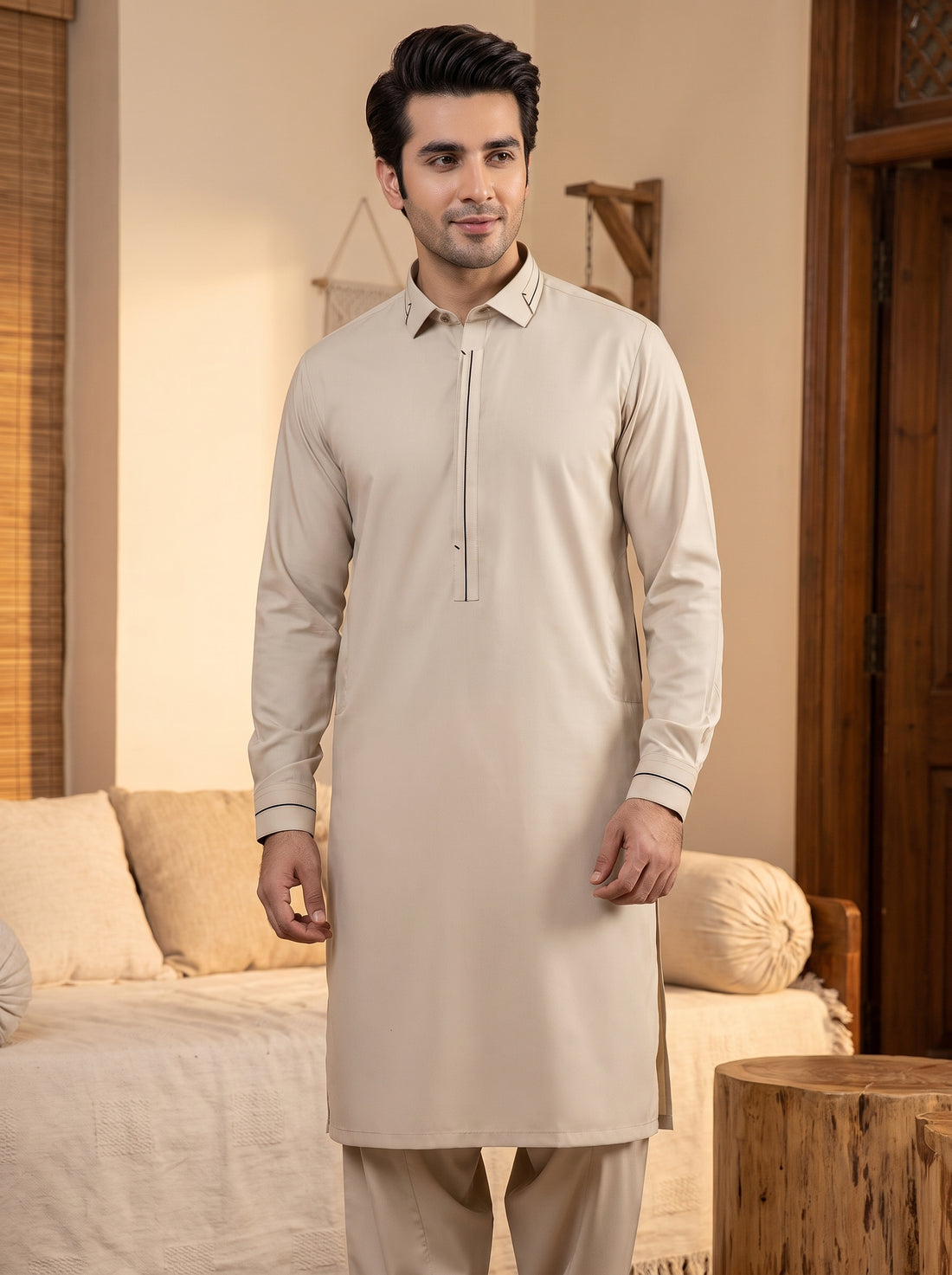 Shahi 👑 Design in Beige Color Stitched Suit in Wash & Wear Stuff