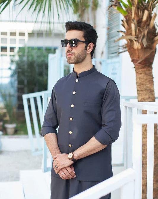 All SEason Charcoal Grey Shalwar Kameez and Waistcoat - 3PC