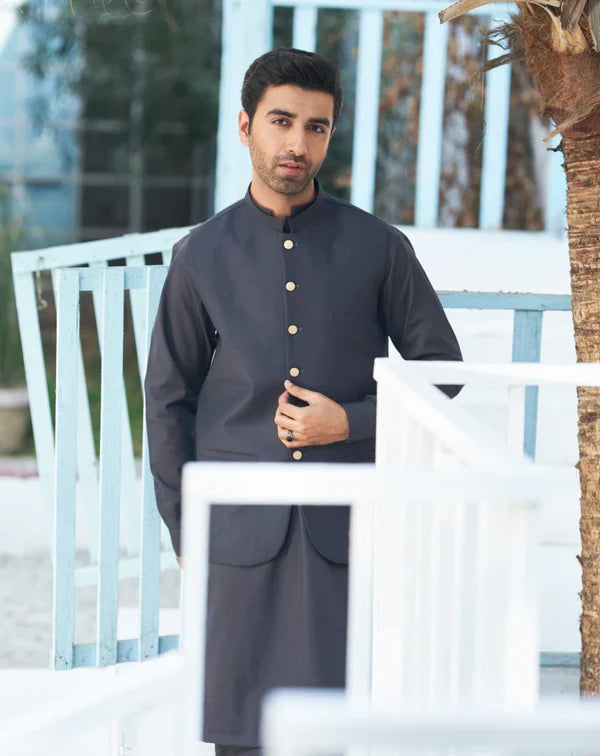 All SEason Charcoal Grey Shalwar Kameez and Waistcoat - 3PC