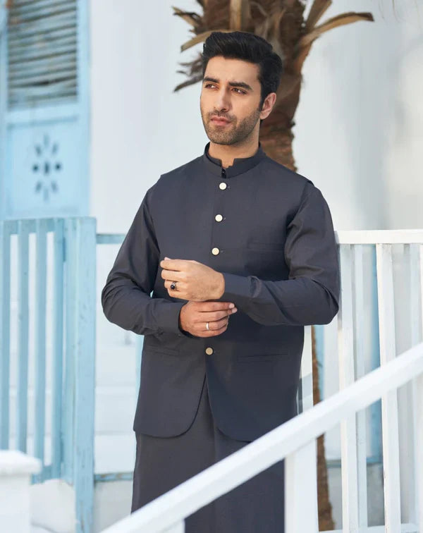 All SEason Charcoal Grey Shalwar Kameez and Waistcoat - 3PC