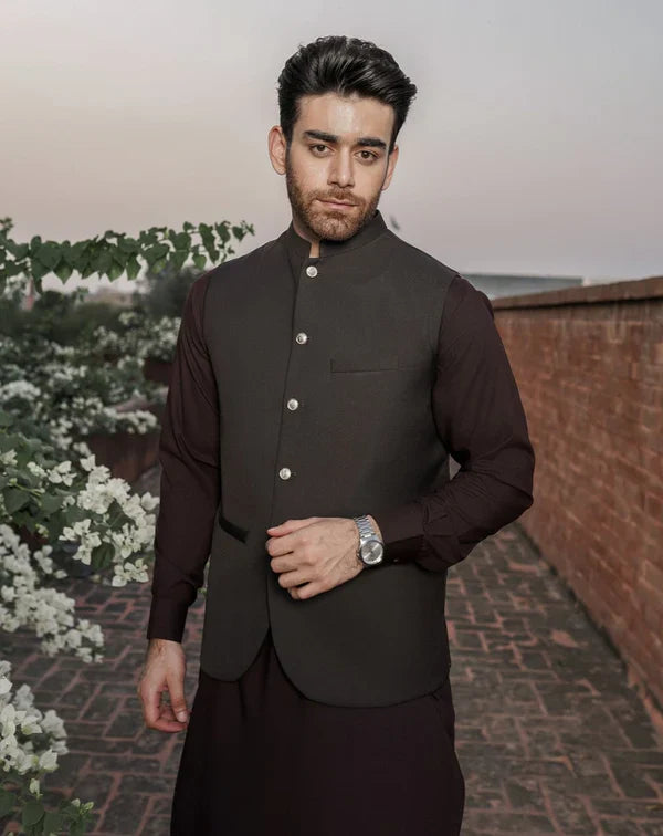 All Season Dark Brown Shalwar Kameez and Waistcoat - 3PC