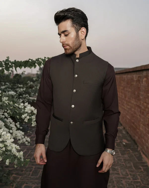 All Season Dark Brown Shalwar Kameez and Waistcoat - 3PC