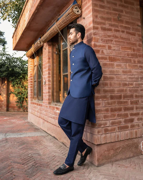 All Season Navy Blue Shalwar Kameez and Waistcoat - 3PC