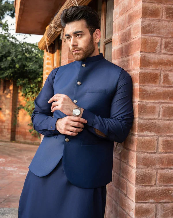 All Season Navy Blue Shalwar Kameez and Waistcoat - 3PC