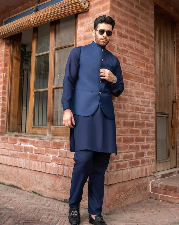 All Season Navy Blue Shalwar Kameez and Waistcoat - 3PC