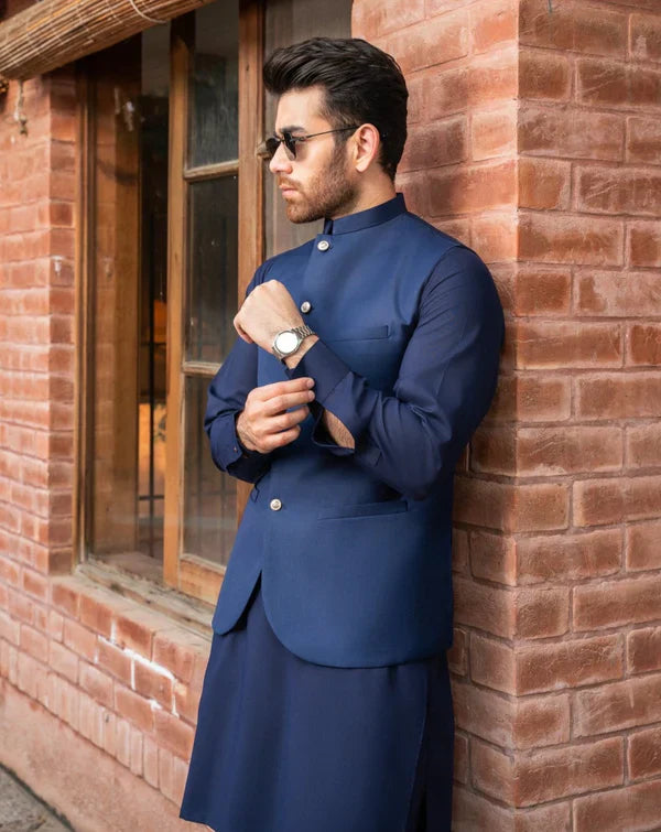 All Season Navy Blue Shalwar Kameez and Waistcoat - 3PC