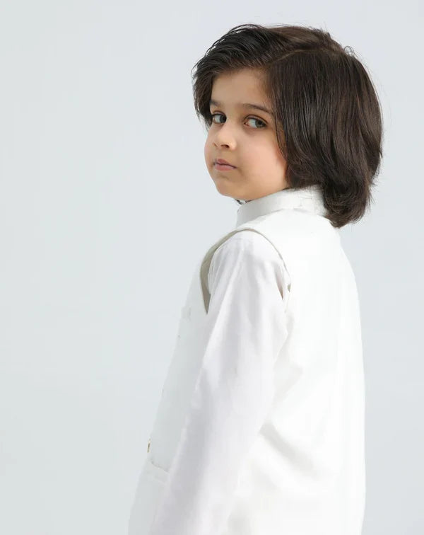 Off White Shalwar Kameez and Waistcoat - 3PC Set