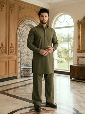 Olive Green Premium Classic Fit Shalwar Kameez for Men