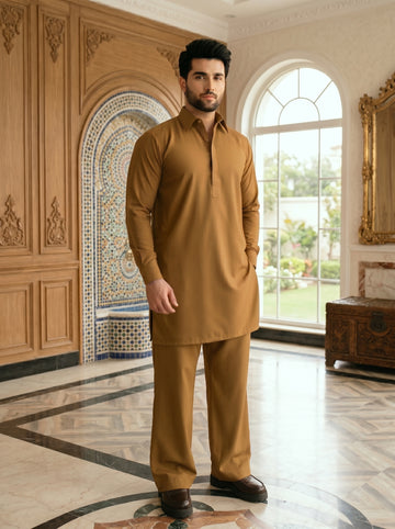 Mustered Brown Premium Classic Fit Shalwar Kameez for Men