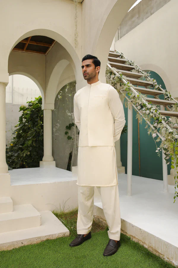 Off White Shalwar Kameez and Waistcoat - 3PC