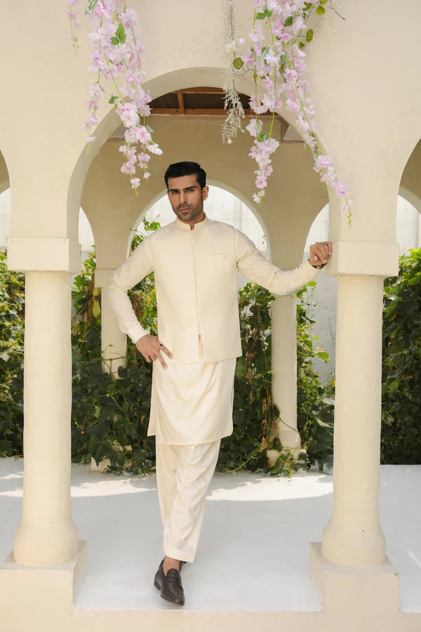 Off White Shalwar Kameez and Waistcoat - 3PC