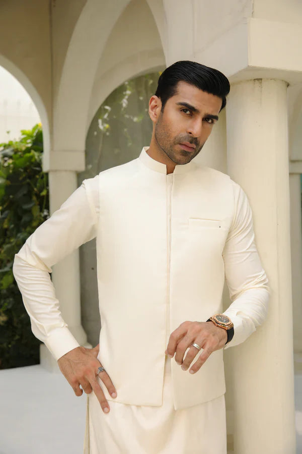 Off White Shalwar Kameez and Waistcoat - 3PC