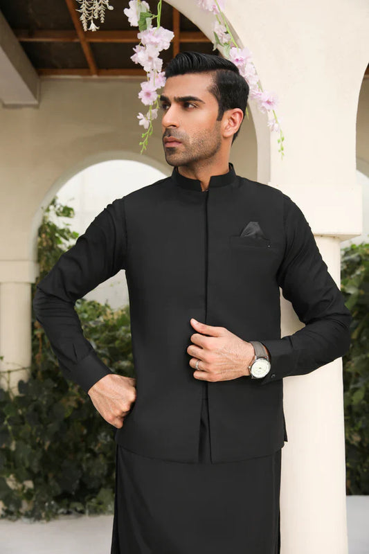 All Season Midnight Black Kameez Shalwar with Waistcoat - Men - 3PC