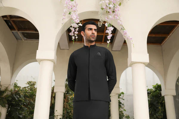 All Season Midnight Black Kameez Shalwar with Waistcoat - Men - 3PC