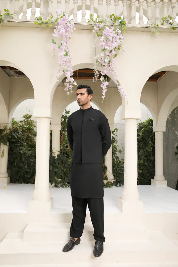 All Season Midnight Black Kameez Shalwar with Waistcoat - Men - 3PC