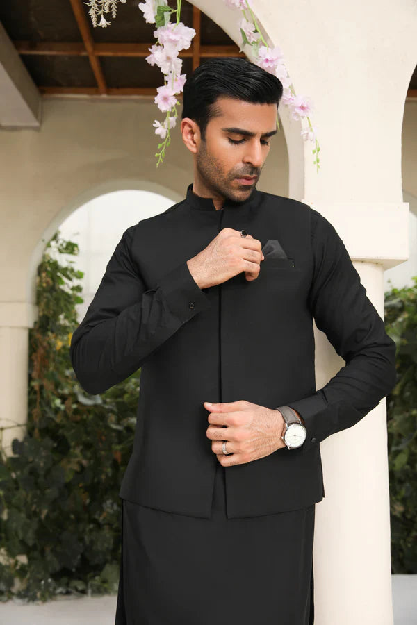 All Season Midnight Black Kameez Shalwar with Waistcoat - Men - 3PC