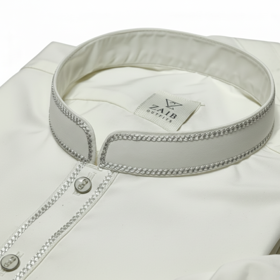 Off White Double Silai ریشمی Thread Suit in Wash & Wear Stuff