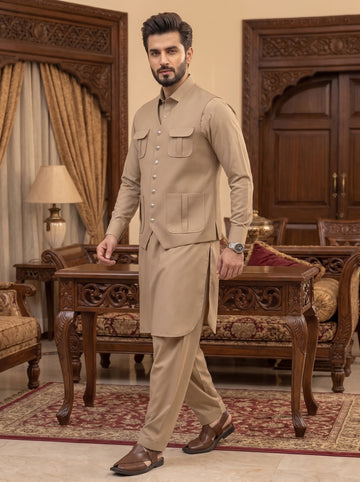 Beige Color Winter Stuff Shalwar Kameez with Waistcoat 3pc Article 🔥