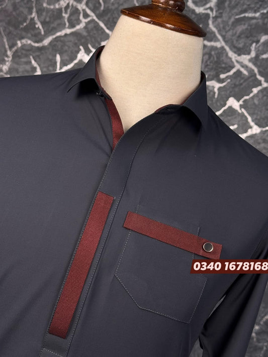 Gray Decent Color Stitched Suit in Wash & Wear Stuff