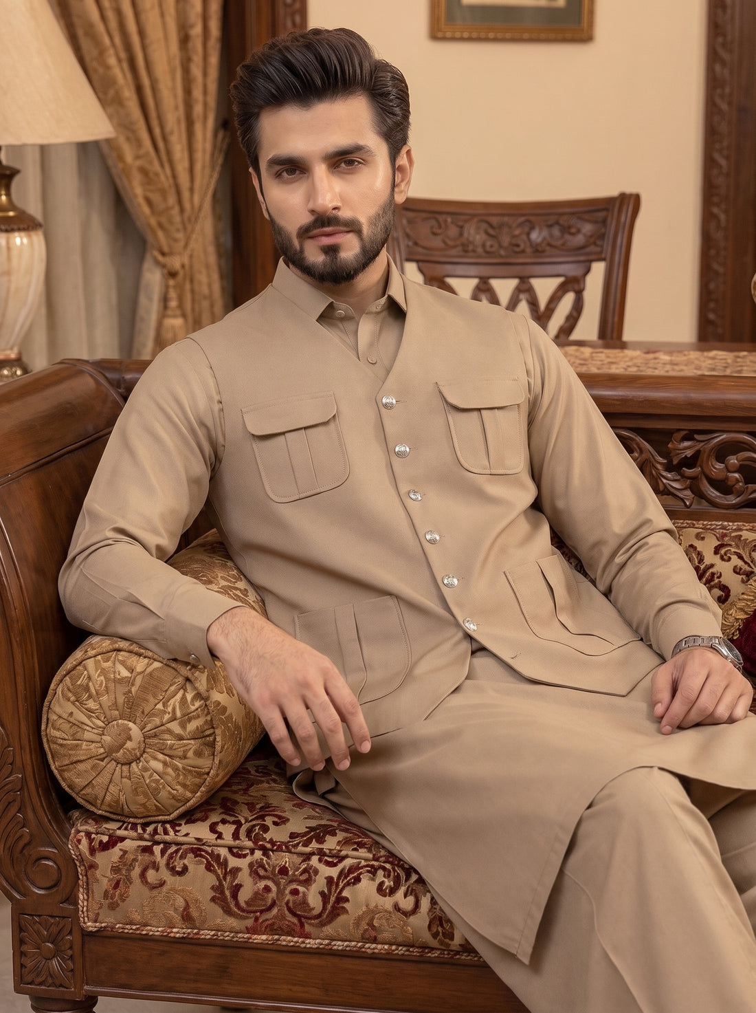 Beige Color Winter Stuff Shalwar Kameez with Waistcoat 3pc Article 🔥