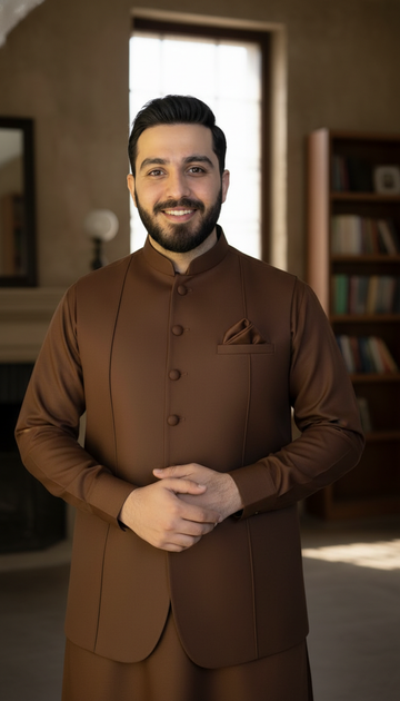 Coffee Brown 4 Season Best 3PC article with Plates Style waistcoat in Ban