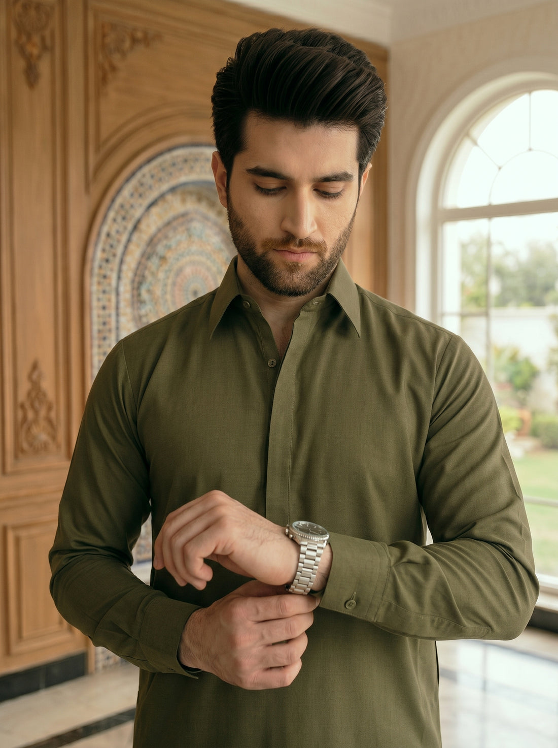 Olive Green Premium Classic Fit Shalwar Kameez for Men